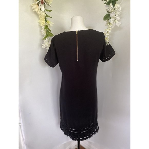 Cynthia Rowley Women's Shift Dress Size 2‎ Black Fringe Crochet Hem Gold Zipper - Picture 5 of 12